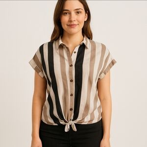 Exclusive One Brown And Black Normcore Spring Twist Front Knot Blouse Sz Lg